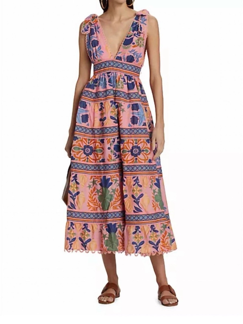 FARM Rio Pink Floral Tiered Tie-Shoulder Midi Dress